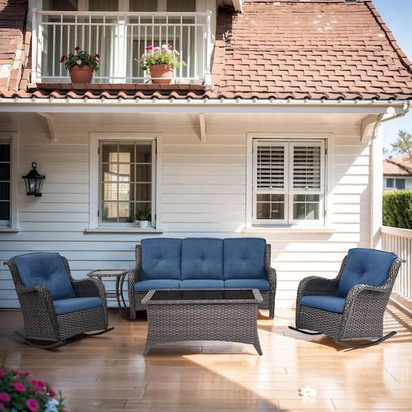 Opohoro ArcoBay 5-Piece Brown Wicker Outdoor Rocking Swivel Chairs Patio Conversation Set with Blue Cushions and 3-Seat Sofa