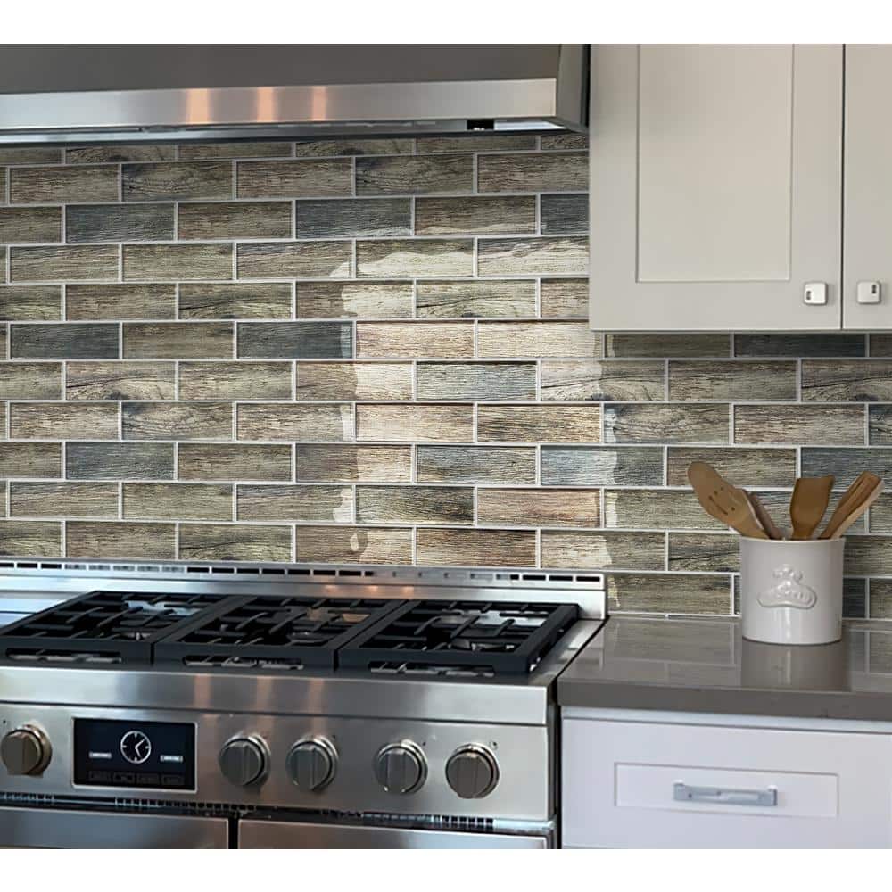 Wooden Brown and Blue Polished Glass Subway Mosaic Tile