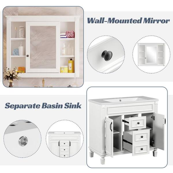 FAMYYT 36 in. Single Sink Freestanding Solid Wood White Bath