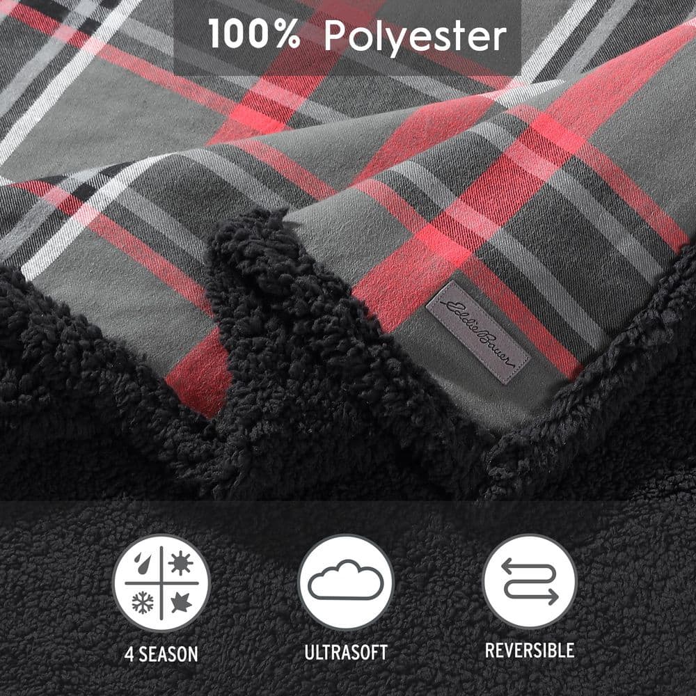 Gray and Red Plaid Sherpa Fleece Reversible Throw Blanket, 50"x60"