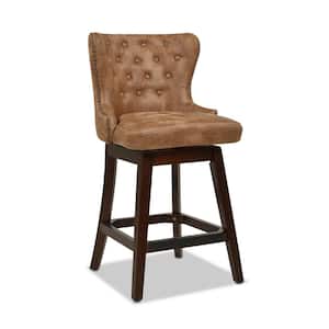 Holmes 27 in. Tufted Tan Brown Faux Leather High Back Swivel Kitchen Counter Height Bar Stool with Wood Frame