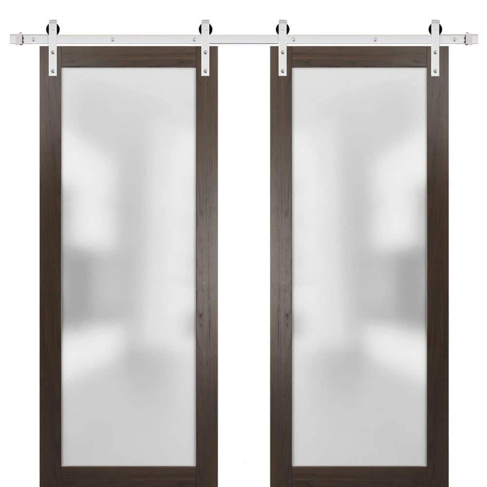 Assemble Required 28 in. x 96 in. 2-Panel Frosted Glass Chocolate Ash Solid Wood Sliding Barn Door with Hardware Kit price history on PriceWatchPro