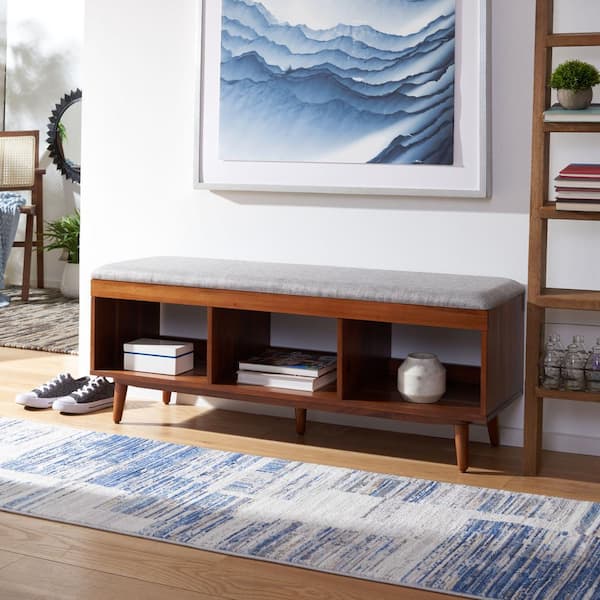 SAFAVIEH Cricket Grey Linen/Natural Acacia Entryway Bench With Cushion 47.64 in.