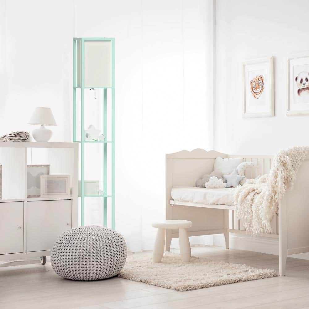 Aqua Transitional Floor Lamp with Linen Shade and Storage Shelf