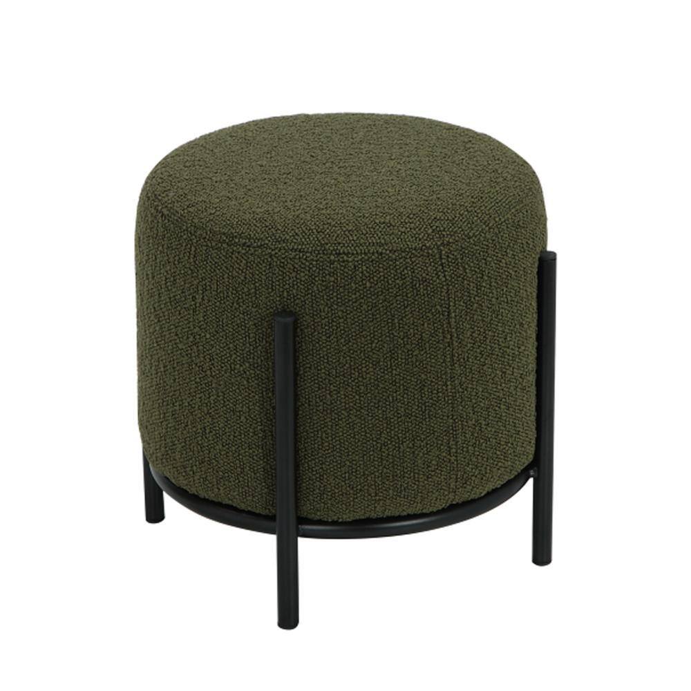 Green Boucle Round Cushioned Ottoman Stool with Black Metal Frame