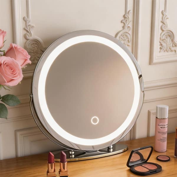 19 in. W x 19 in. H Round Framed Tabletop 3-Color-LED Touch Screen, Makeup Dimmable Lighted Mirror in White