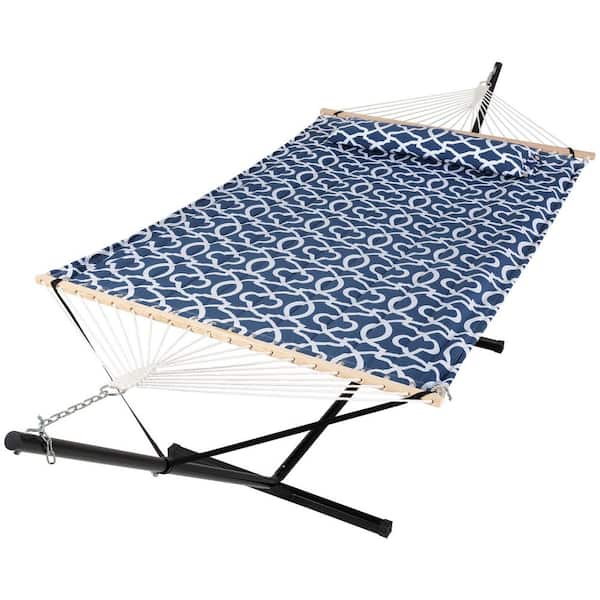 Atesun 12 ft. Free Standing, 475 lbs. Capacity, Heavy-Duty 2-Person Hammock with Stand and Detachable Pillow in Blue Pattern