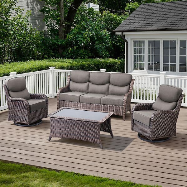 Arcadia Brown 4-Piece Wicker Patio Conversation Set with Swivel Gliders and 6 in. Thick Olefin Gray Cushions