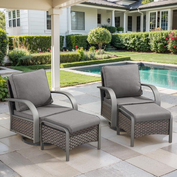 ArcMetal 4-Piece Brown Wicker Outdoor Rocking Chair Patio Swivel Gliders with Gray Cushions and Ottomans