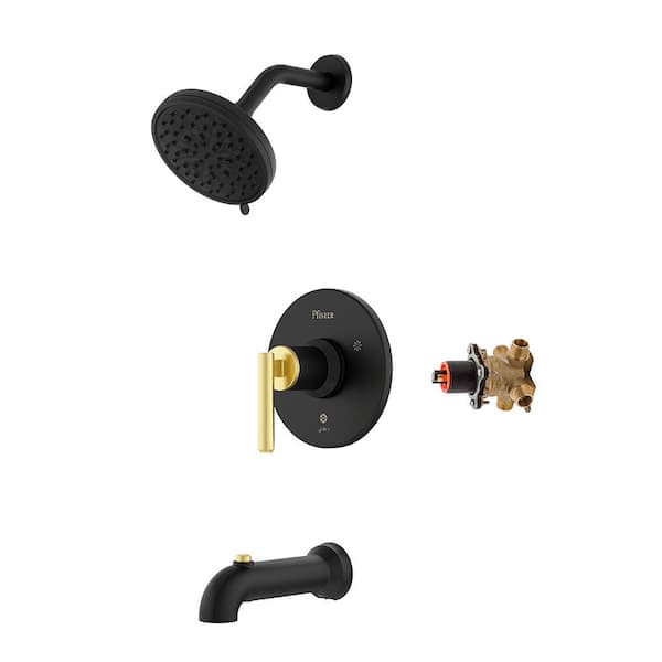 Capistrano Single Handle 6-Spray Wall Mount Tub and Shower Faucet 1.8 GPM 5.5 in. Black/Gold [Valve Included]