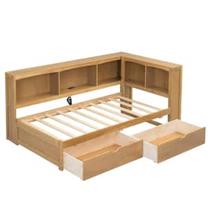 Wood Color Twin Size Daybed with Shelves, Drawers and USB Ports