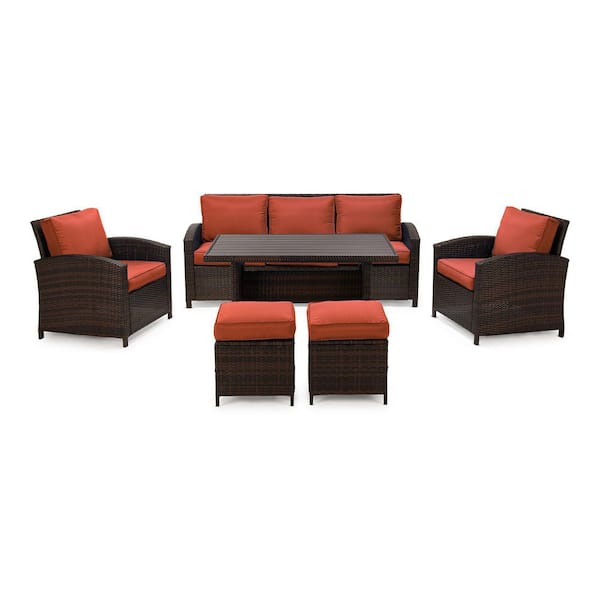 6-Piece Wicker Patio Conversation Set with Orange Cushions