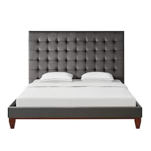 Gray Wood Frame Queen Panel Bed with Tufted; Upholstered