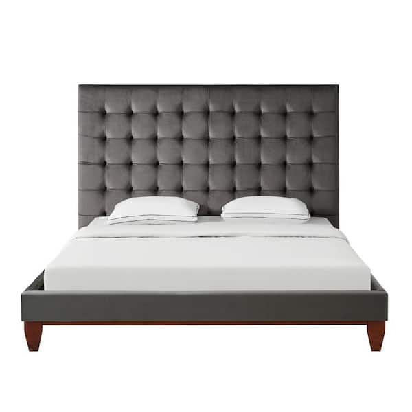 HomeRoots Gray Wood Frame Queen Panel Bed with Tufted; Upholstered