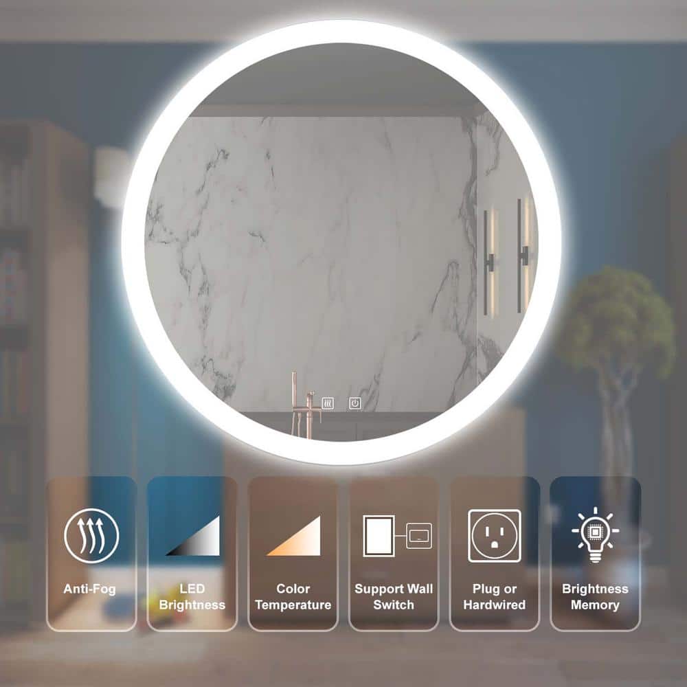 32 in. W x 32 in. H Round Frameless 3-Colors Dimmable LED Anti-Fog Bathroom