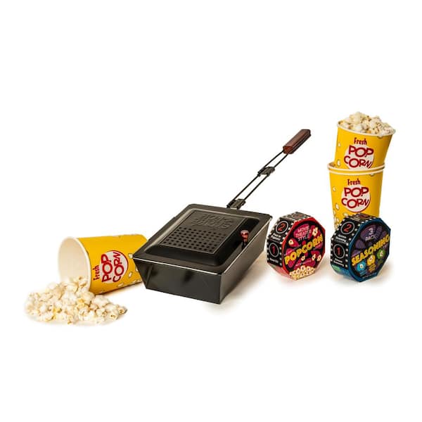 Wabash Valley Farms 3 Qt. Shake and Pop Outdoor Popcorn Popper with Movie Reel Popcorn and Seasonings and 4 Tubs 7-Piece Popcorn Set