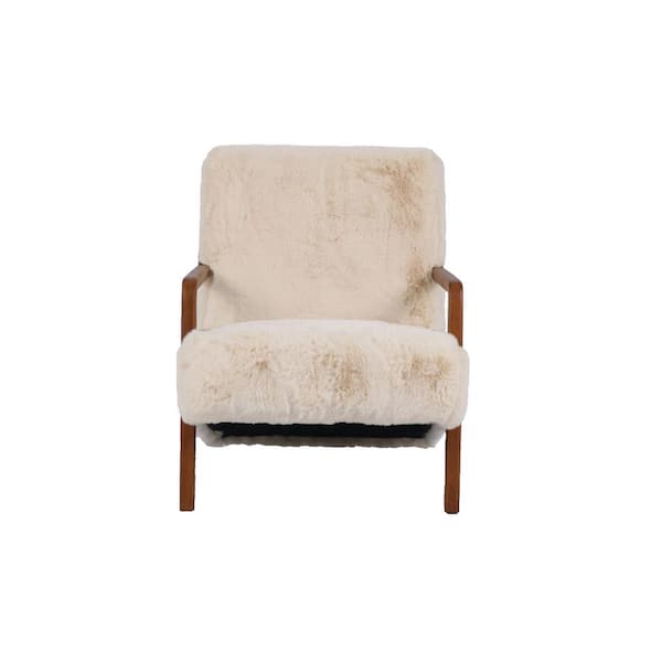 Storied Home Cream and Walnut Finish Faux Fur Upholstered Armchair