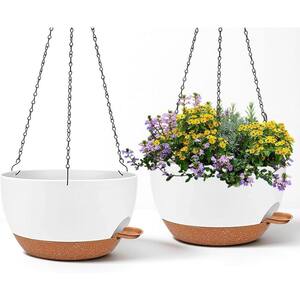 Plastic Planter (12 in. W x 6.9 in. H) White Brown Hanging Indoor/Outdoor with Chains Self Watering Hanging Pots-2 Pack