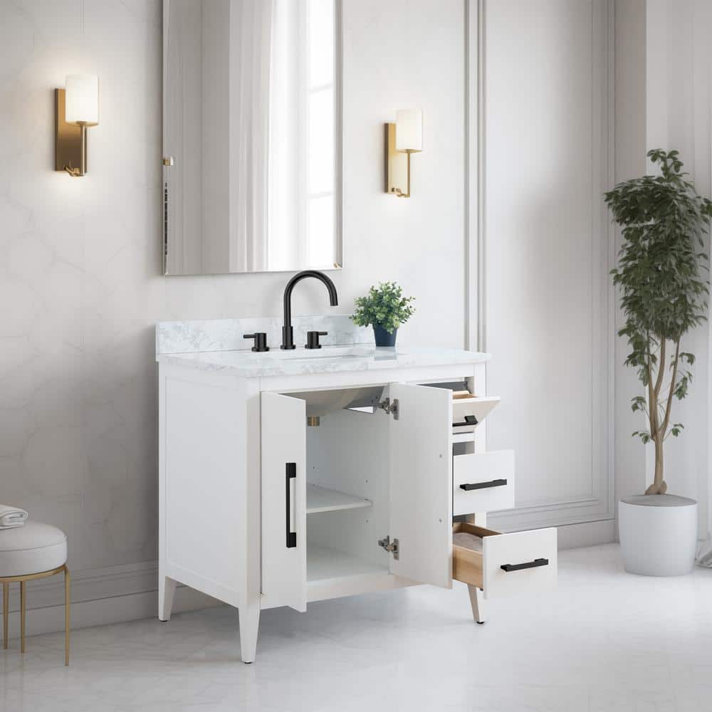 White Poplar Wood Single Sink Bathroom Vanity with Marble Top