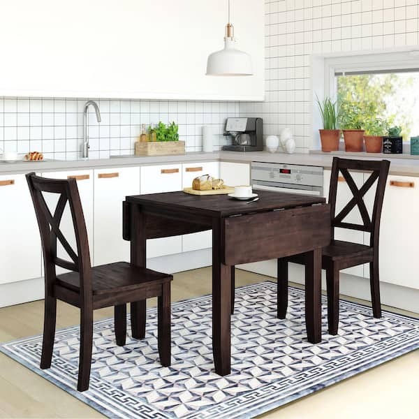 Unbranded Espresso 3-Piece Rubber Wood Outdoor Dining Set, Drop Leaf Breakfast Nook Dining Table Set with 2 X-back Chairs