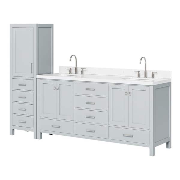 Cambridge 72 in. Double Sink Bath Vanity with Carrara White Quartz Top and Linen Cabinet in Gray