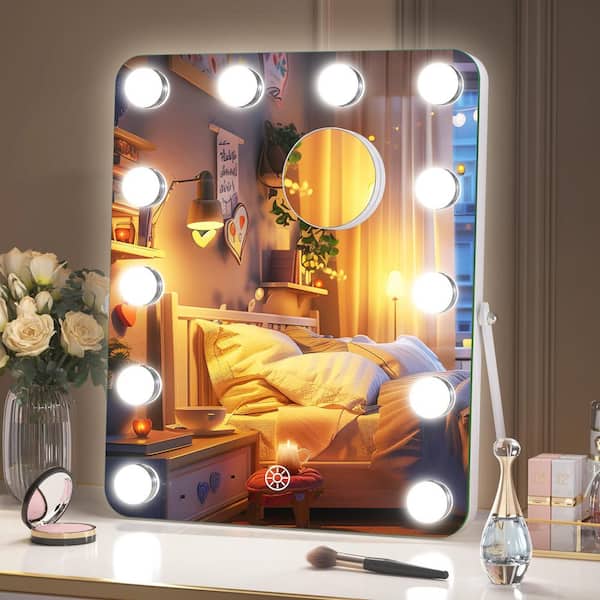 Vosuja 12 in. W x 14 in. H White Rectangle Framed Vanity Mirror with 3 Modes Lights Hollywood LED Makeup Mirror 360°Rotation