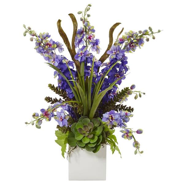 Nearly Natural 23 in. Delphinium and Succulent Arrangement in Purple