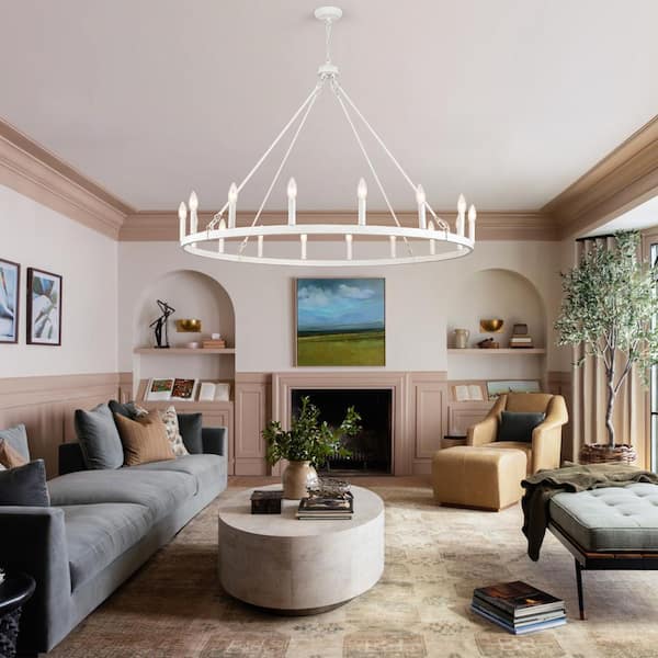 16-Light Vintage White Candlestick Circle Wagon Wheel Chandelier Oversize Island Chandelier Lighting for Dining Room