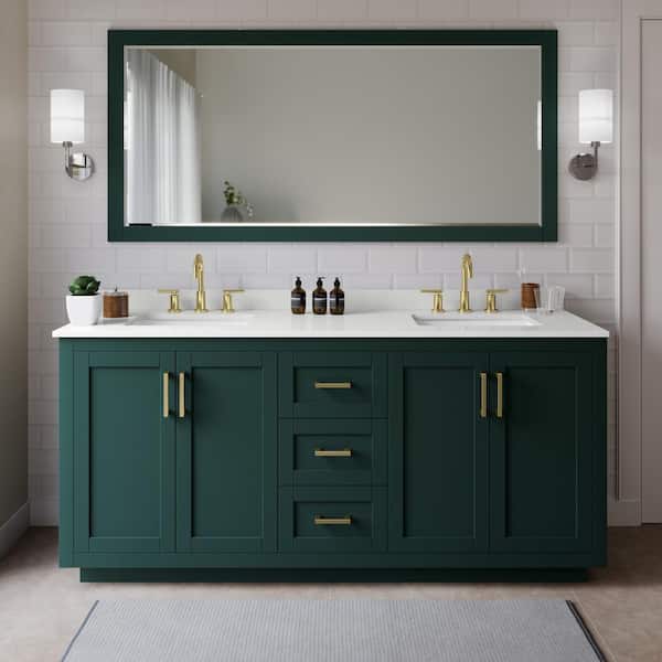 Wyndham Collection Miranda 72 in. W x 22 in. D x 33.75 in. H Double Bath Vanity in Green with White Quartz Top and 70 in. Mirror