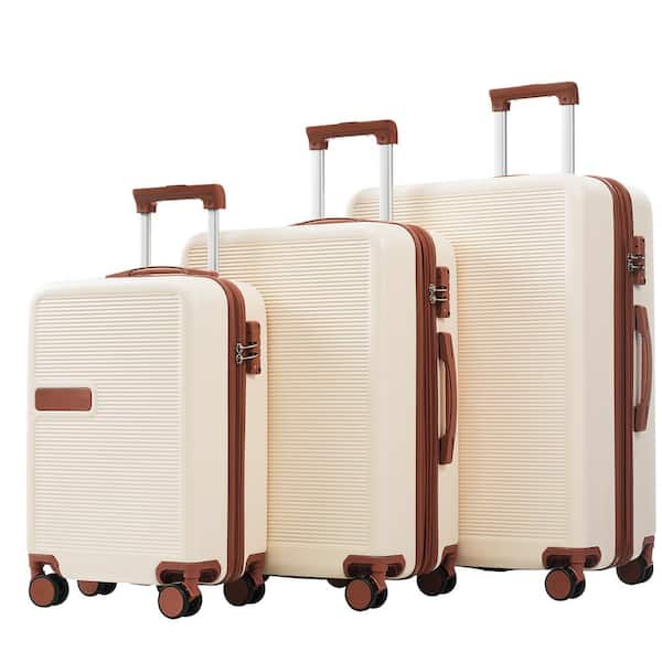 Merax 3-Piece Brown and White Expandable ABS Hardshell Spinner 20 in. 24 in. 28 in. Luggage Set with Telescoping Handle