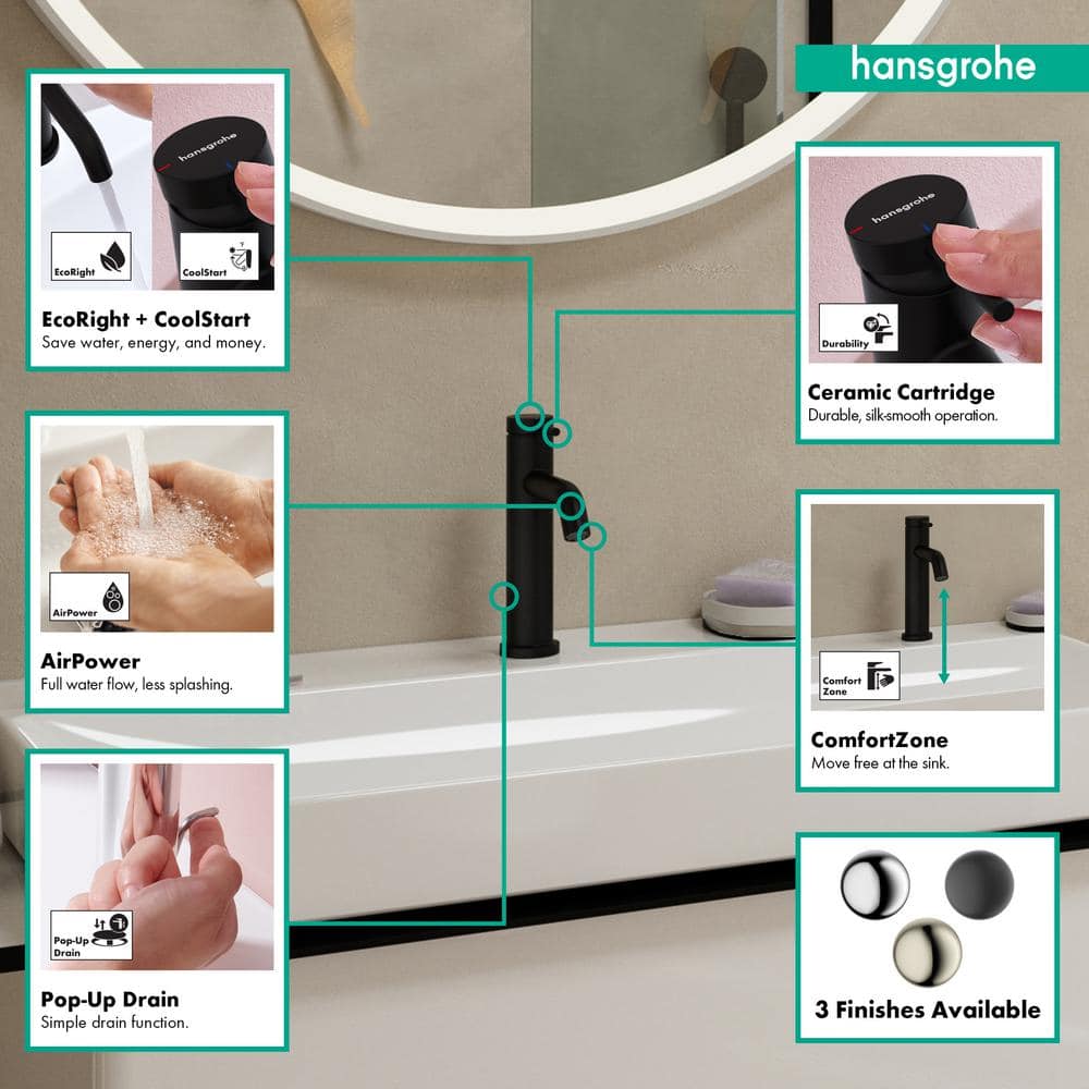 Matte Black Brass Single-Hole Bathroom Faucet with Pop-Up Drain