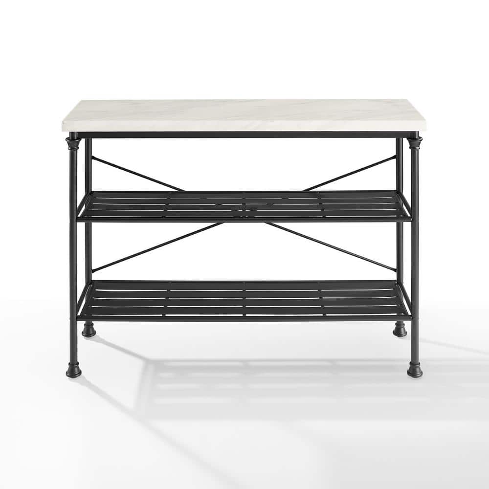 French Industrial Revival Matte Black Console with Faux Marble Top