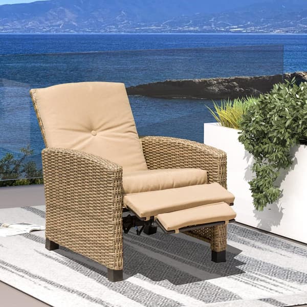 domi outdoor living Wicker Outdoor Recliner with Khaki Cushions