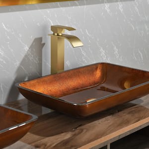 Brown Glass Rectangular Vessel Sink with Single Hole Faucet and Pop-Up Drain