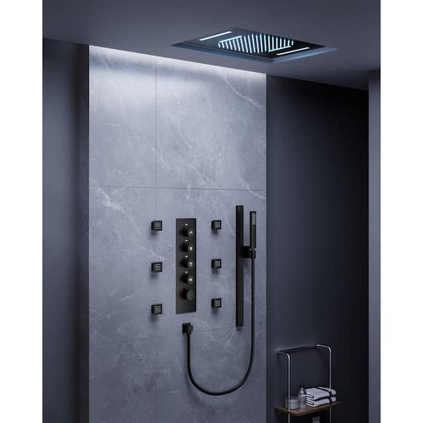 EVERSTEIN 15-Spray 23 in. L x 15 in. W LED Flush Ceiling Mount Waterfall Fixed and Handheld Shower Head 2.5 GPM in Matte Black