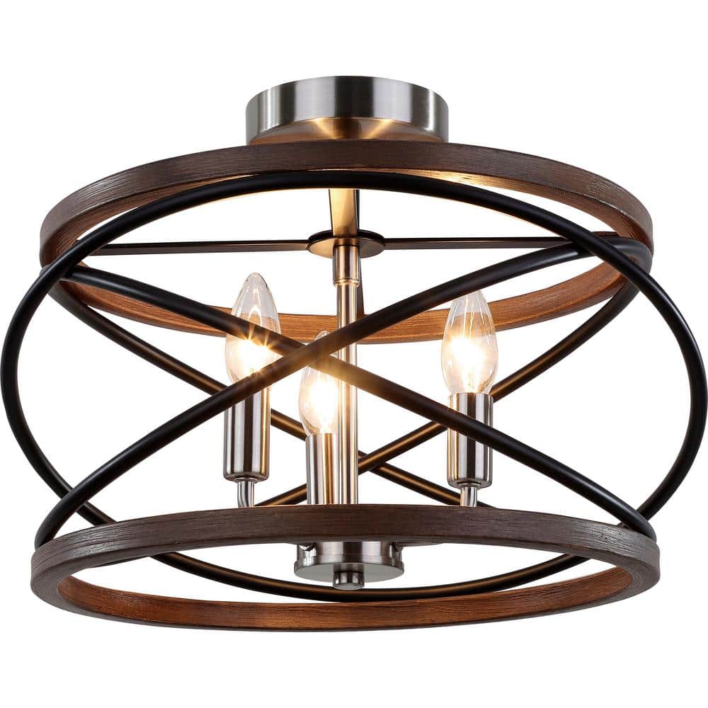 15.75 in. 3-Light Brushed Nickel and Walnut Ringed Candelabra Semi- Flush Mount price history on PriceWatchPro