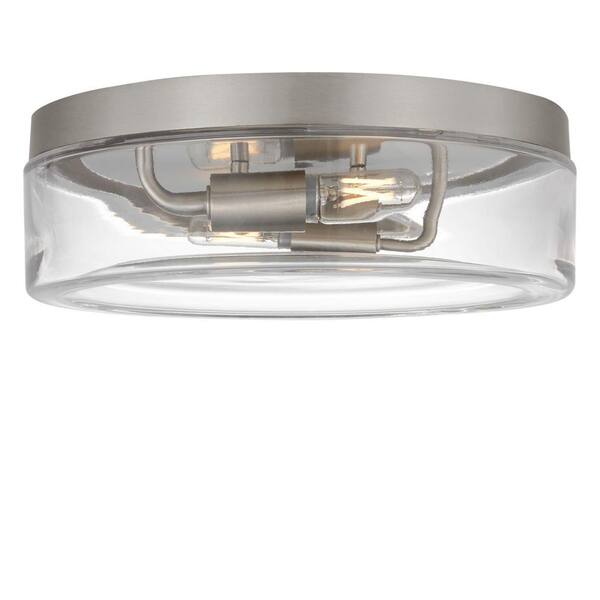 Rhett 12 in. Modern Round 2-Light Brushed Nickel Semi-Flush Mount Light for Foyer with Clear Glass