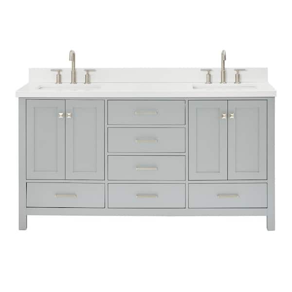 Cambridge 66 in. Double Sink Freestanding Bathroom Vanity in Gray with Pure White Quartz Top