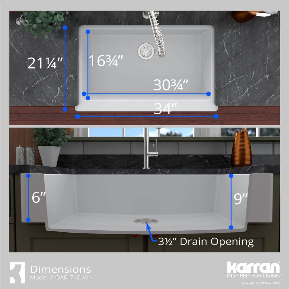34'' Matte White Quartz Farmhouse Single Bowl Kitchen Sink