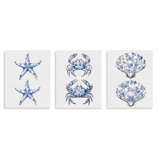Vintage Toile Starfish and Crabs by Lettered and Lined 3 Piece Unframed Coastal Graphic Art Print 14 in. x 11 in.