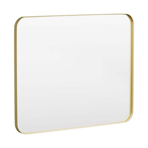 HOMEIBRO 40 in. W x 32 in. H Tempered Glass Rounded Rectangle Framed Wall-Mounted Bathroom Vanity Mirror in Gold