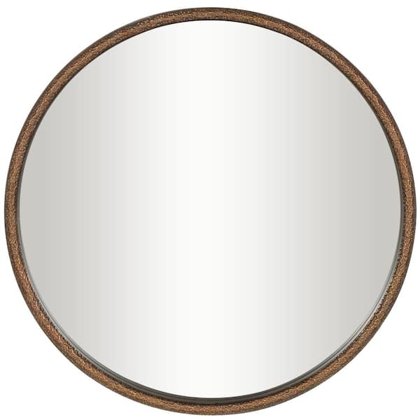 34 in. H x 34 in. W. Weathered Spotted Round Framed Copper Wall Mirror with Hammered Texture