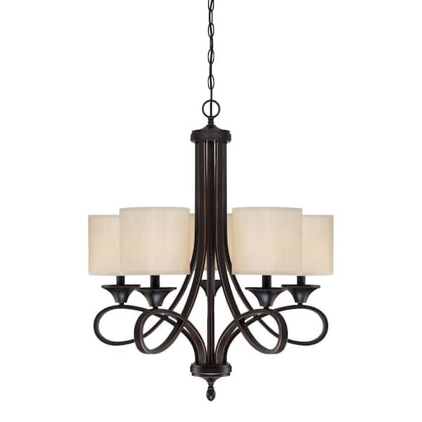 Westinghouse Lenola 5-Light Amber Bronze Chandelier with Beige Fabric Shades