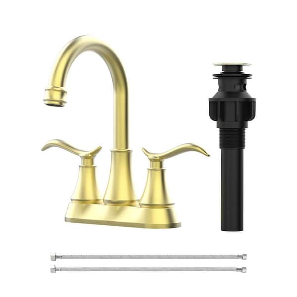 4 in. Centerset Double Handle High Arc 360° Swivel Spout Bathroom Sink Faucet with Pop-up Drain in Brushed Gold