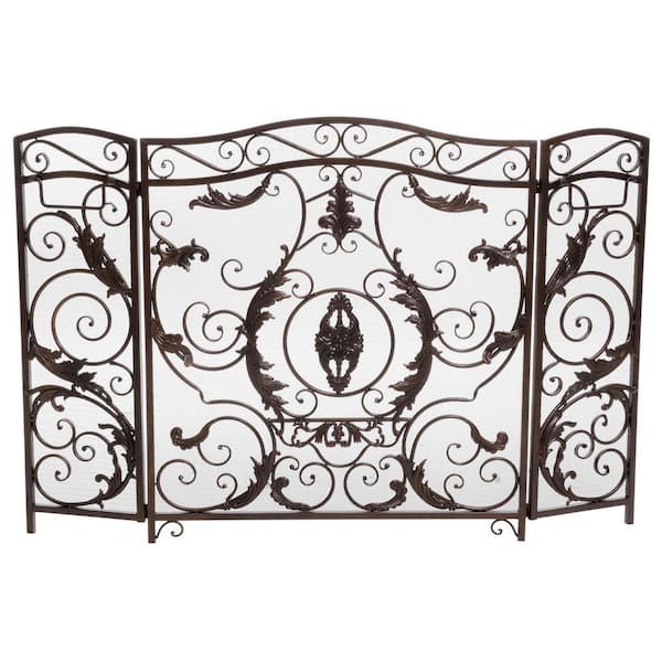 Avex Golden Black Iron 3-Panel 53.5 in. Fireplace Screen with Wonderfully Ornate Design and Scroll Pattern