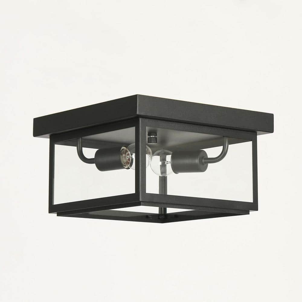 Modern Matte Black 2-Light Flush Mount with Clear Glass Shade