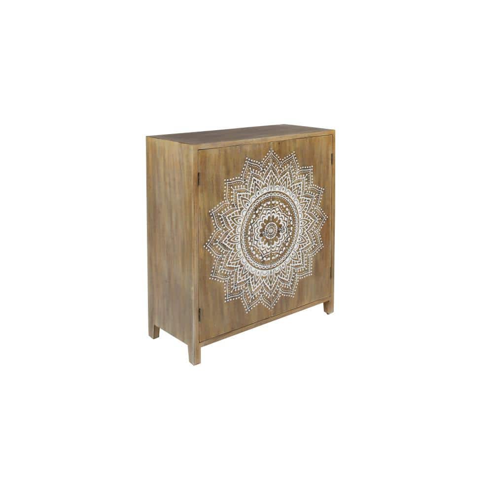 Brown Wood Intricately Carved Floral Cabinet with Shelf and Doors