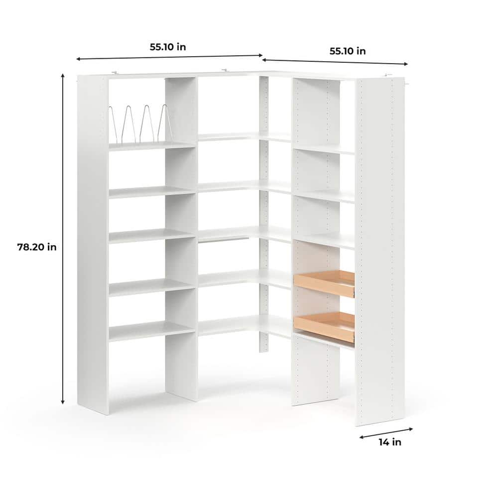 White Corner Pantry Storage System with Maple Drawers