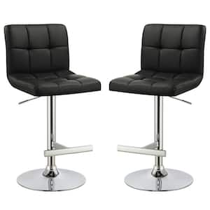 38.5 in. Black High Back Sophisticated Metal Frame Armless Adjustable Bar Stool with Leather Seat (Set of 2)