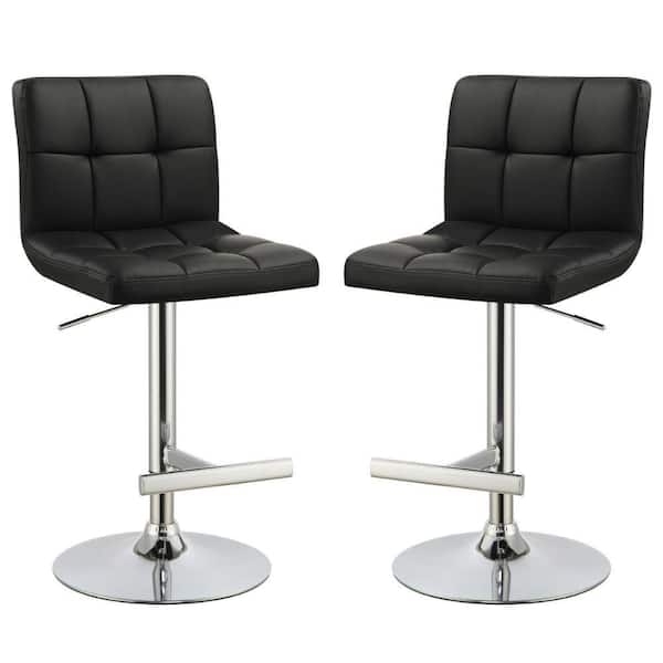 Benjara 38.5 in. Black High Back Sophisticated Metal Frame Armless Adjustable Bar Stool with Leather Seat (Set of 2)